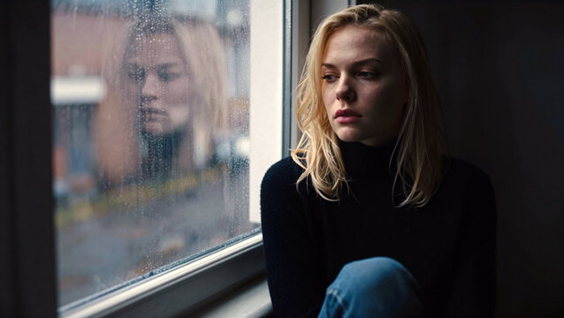 Traurige blonde Frau blickt an einem Regentag aus dem Fenster