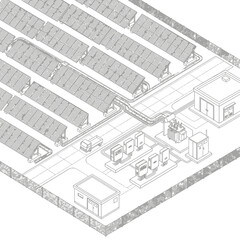Fototapeta premium Solar farm infrastructure with photovoltaic panels and inverters