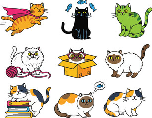 cute cartoon cat collection with playful kittens yarn books boxes and funny poses vector set
