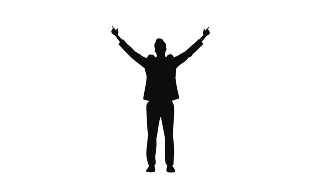 Silhouette of a man in a suit with arms raised in triumph or celebration on white background