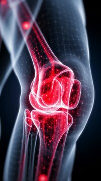 3D medical illustration of a human knee joint showing bone structure with red glowing areas indicating pain, inflammation, and arthritis on a dark background. vertical video