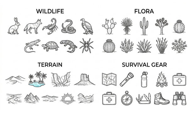 Desert Nature and Survival Hand Drawn Vector Icons with Wildlife Flora and Camping Equipment
