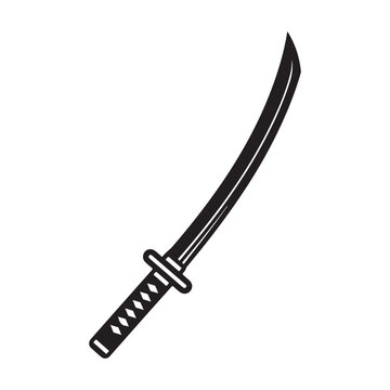 Black and white vector icon of a Japanese katana sword with curved blade and traditional wrapped handle for martial arts and samurai themes