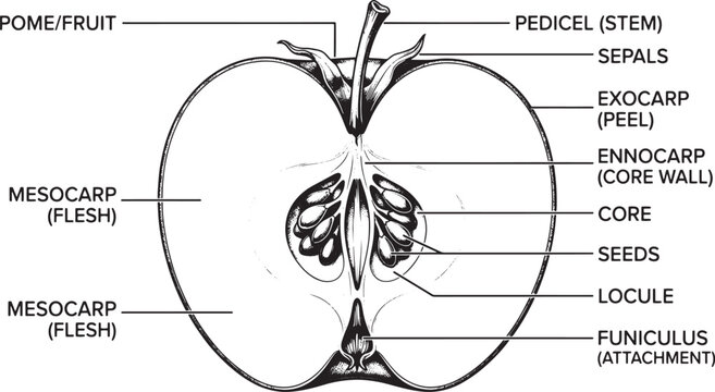 Apple Cross Section Diagram - Anatomy and Parts Detailed diagram of an apple's cross-section, illustrating botanical anatomy including peel, flesh, core, and seeds. Educational and scientific 