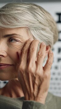 Close-up of a happy senior woman with short grey hair touching her face during an eye exam, blurred Snellen vision chart in the background indicating good eyesight. vertical video