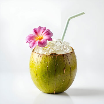 Isolated fresh young coconut water drink with straw and flower on a coconut shell, tropical refreshment concept.