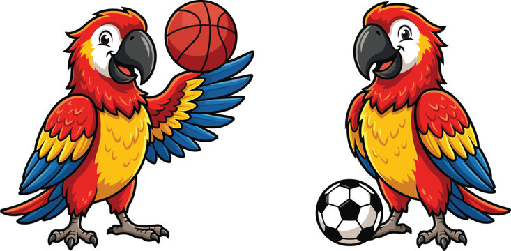Cute Parrot Sports Mascot Vector Set with Macaw Character Playing Basketball and Soccer for Kids Club Logos, Team Emblems, and Children Merchandise