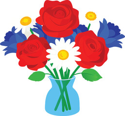 Fototapeta premium Colorful bouquet of red roses and daisies in a blue vase