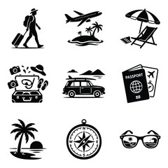 Obraz premium Travel and summer vacation icons with luggage plane and beach accessories set graphics