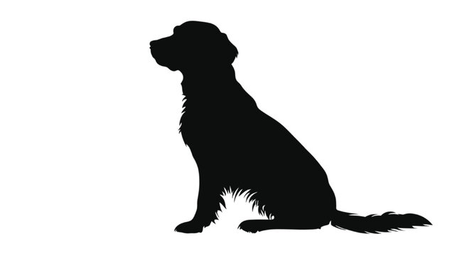 Silhouette of a sitting dog with long fur on a white background