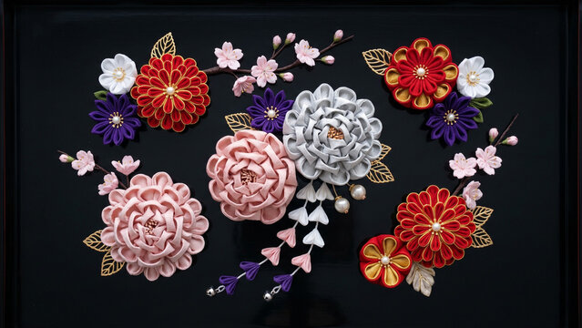 Japanese kanzashi tsumami-zaiku silk flower hair ornament collection overhead macro on black lacquer showing crimson gold violet pink folded silk petals cherry blossom and pearl details