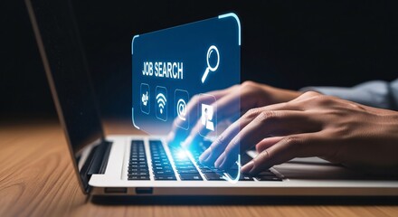 Obraz premium Person typing on laptop with digital job search icon and magnifying glass representing online employment opportunities and career search technology