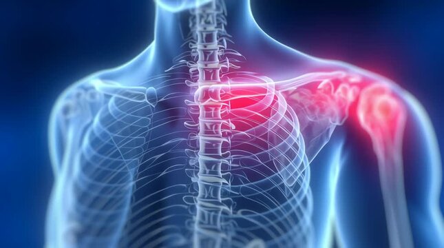 3D medical illustration of human shoulder anatomy with red highlighted joint indicating pain and inflammation against a dark blue background. horizontal video