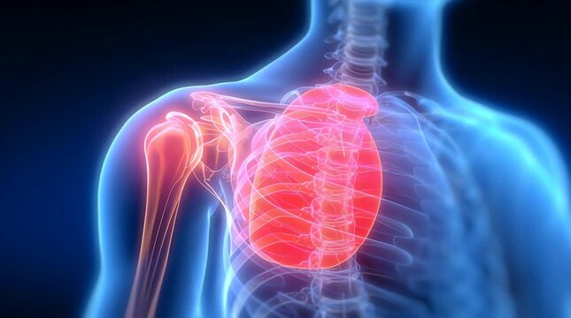 3D medical illustration of human upper body skeleton highlighting shoulder pain and inflammation, showing humerus, scapula, and spine on dark blue background. horizontal video