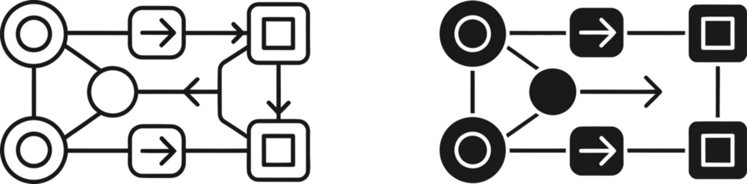 Workflow diagram icons linear and solid styles for process visualization