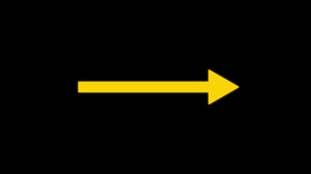 Future direction yellow arrow pointing right animation video, direction sign on black background.