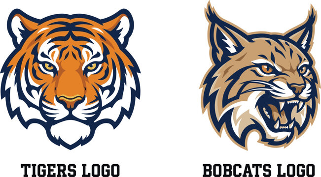 Wild Cat Mascot Logo Set with Tiger and Bobcat Head Vector Illustrations for Esports Teams, Gaming Clubs, Sports Badges, and Apparel Designs