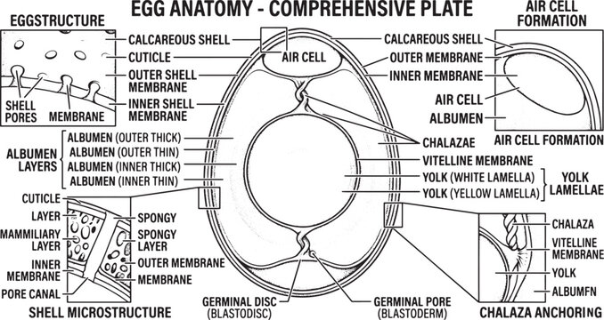 Egg Anatomy Diagram: Structure and Components Explained Detailed scientific illustration of an egg's internal structure, showing yolk, albumen, shell, and air cell. Educational and biological concept.