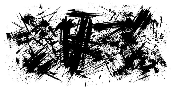 Abstract brush strokes and splatters in black and white create a chaotic yet artistic composition, suggesting energy and raw expression.