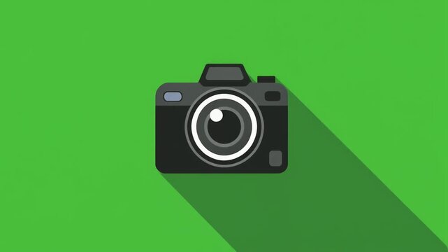 Modern flat design camera icon vector illustration on a vibrant green background, perfectly representing photography, creativity, and digital media technology