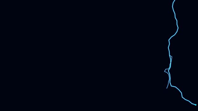 Electric lightning bolt glowing blue energy discharge with scattered sparks jagged downward strike for overlay video effects