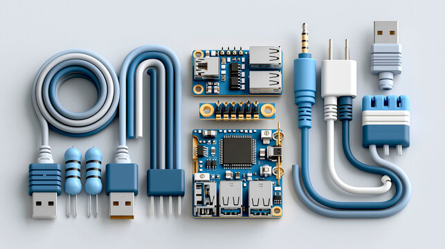 Electronic components with cables, connectors and microcontroller boards arranged on a clean background, modern hardware development, engineering and digital technology concept