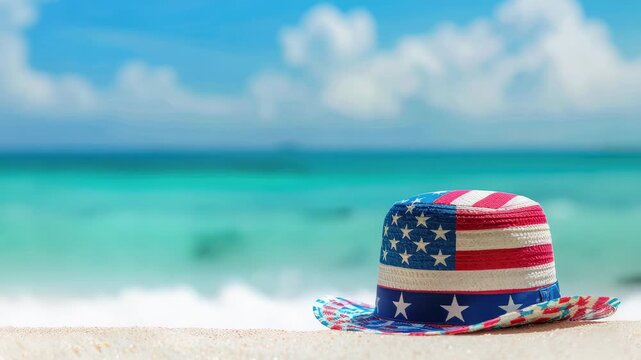 Straw hat with USA flag pattern on sandy beach by turquoise ocean under blue sky