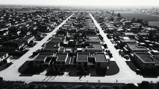 Aerial view of a suburban residential neighborhood with modern architecture and green spaces in black and white