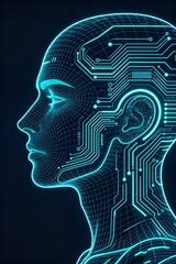 Obraz premium Futuristic Artificial Intelligence Human Face with Glowing Neural Circuit Lines, Cyberpunk Digital Consciousness Concept