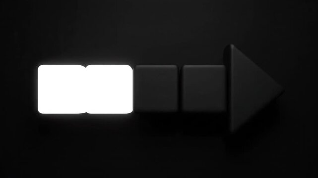 Abstract 3D rendering of a glowing white rectangle followed by dark cubes and an arrow pointing right on a black background.