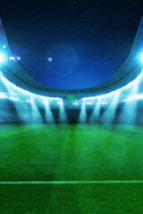 Naklejka premium Vertical view of an empty green soccer field in a huge sports stadium at night under bright spotlights and a starry sky before a match. Professional arena background with copy space for design.