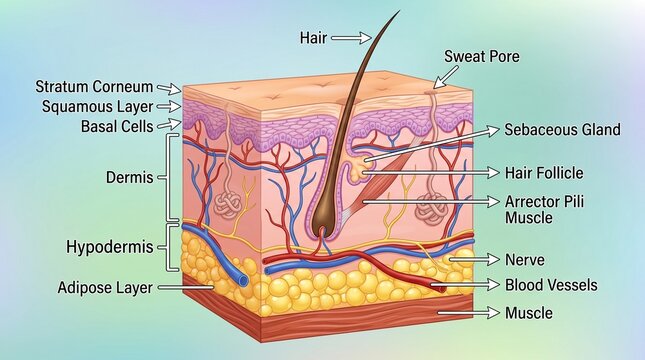 Diagram of human skin layers with hair follicle and sweat gland, follicle