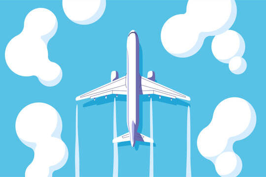 Airplane flying in the sky with clouds on a bright blue background. Concept of travel and vacation. Vector illustration in a minimalistic style.