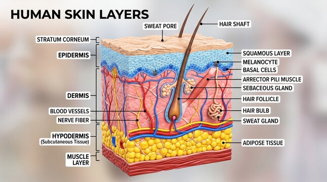 Human skin layers diagram showing epidermis dermis hypodermis with epidermis