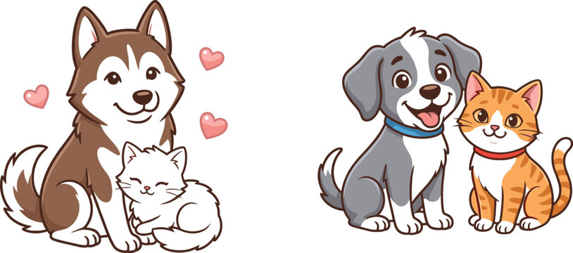 Cute Cartoon Husky Puppy and Kitten Best Friends Vector Set with Hearts and Collars for Valentine Day Cards, Kids Stickers, and Pet Lover Prints