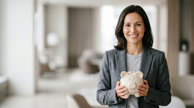 Empowering financial literacy woman holding piggy bank in modern office environment