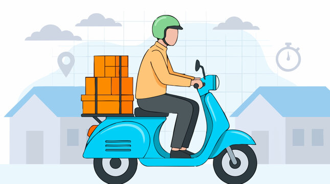 Delivery driver on scooter transporting packages, illustration of fast service