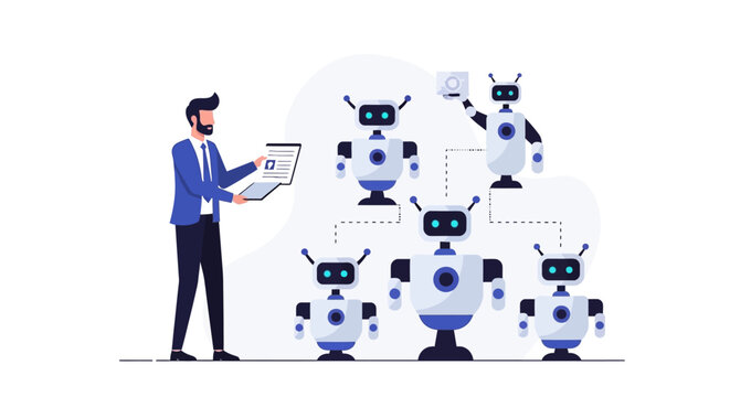 Businessman Managing Artificial Intelligence Robot Network, RPA Robotic Process Automation Concept, Future of Digital Work and Automation Flat Vector Illustration
