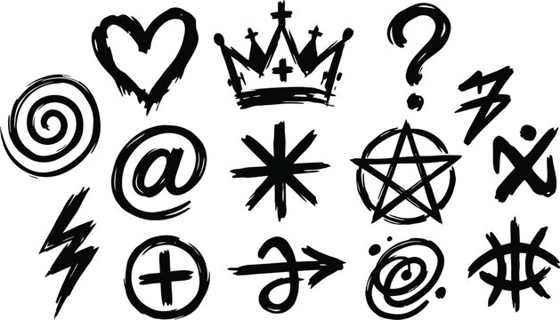 Heart crown question symbol icon set with decorative social media elements
