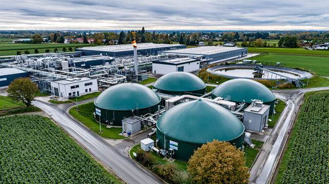 Photorealistic aerial drone view of a modern biogas installation with large green domed anaerobic digesters beside a European pig farm complex, manure management lagoon and gas fla