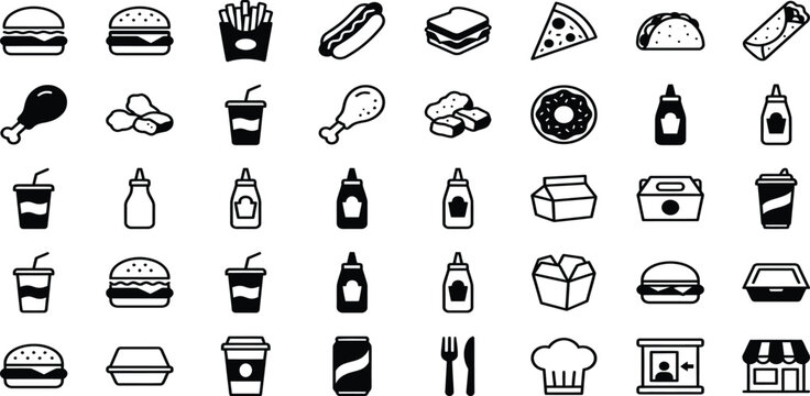 Fast food and takeout meal hand-drawn icon set with fastfood, sandwich