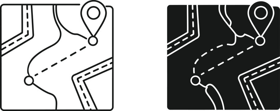 Route planning icon set linear and solid versions for navigation apps