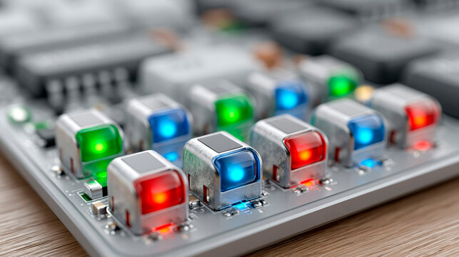 Electronic control panel with illuminated buttons and indicators on a circuit board, close up view of advanced hardware interface, digital technology, automation and engineering concept