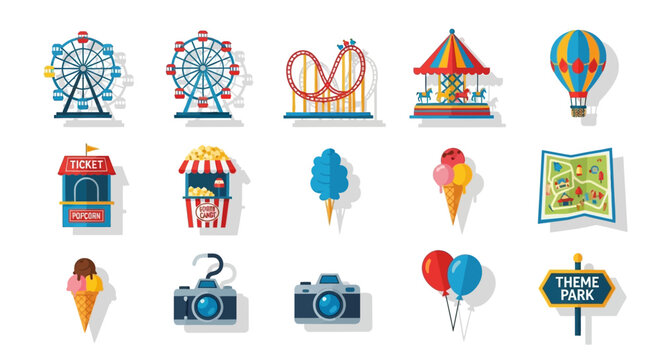 Colorful carnival funfair ride icons set.