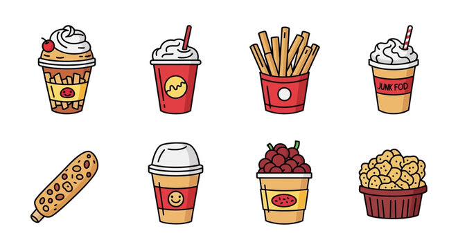 Colorful fast food and drinks icons.