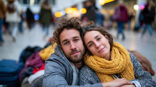 A young couple sitting exhausted on the floor of a busy airport terminal after a missed connection, luggage piled beside them, one partner resting head on the other's shoulder, oth