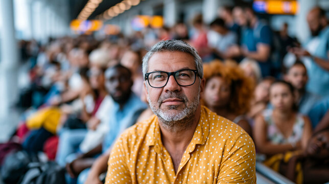 A wide view of a crowded airport departure gate area packed with diverse passengers waiting for a delayed flight, people sitting on benches with bags and luggage everywhere, some s