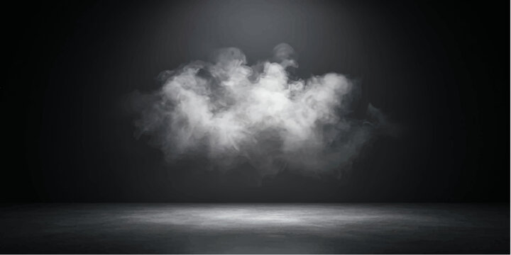 Ethereal Mist in Spotlight: A dramatic cloud of white smoke or mist hangs suspended in a dark, moody atmosphere, illuminated by a single spotlight against a textured floor.