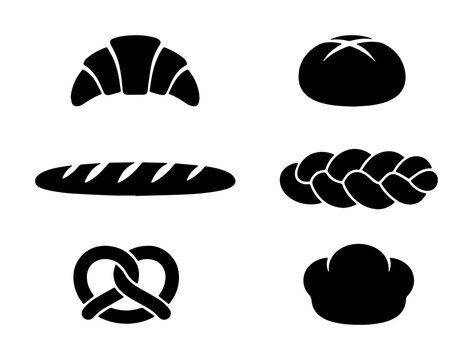 Black Silhouette Icons of Assorted Baked Goods, Bread, Croissant, Pretzel, and Pastry Vector Set