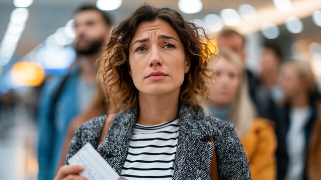 A worried young woman standing in a slow-moving airport security or boarding queue holding her boarding pass and passport tightly, other passengers blurred behind her, stressed fac